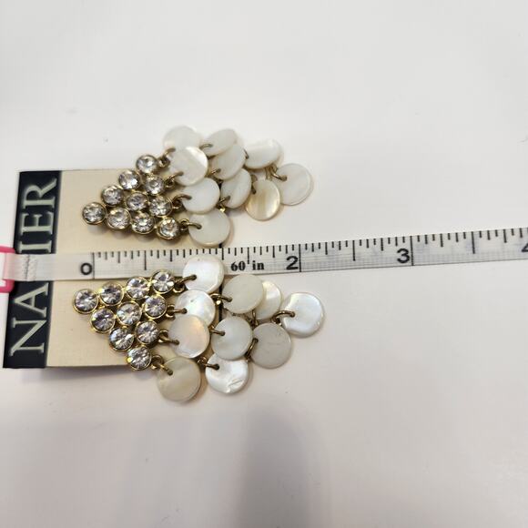Napier Mother of Pearl Crystal Gold Tone Chandelier Earrings Post Statement - Picture 4 of 4